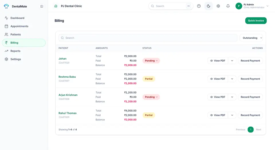 DentalMate billing ledger with outstanding invoices