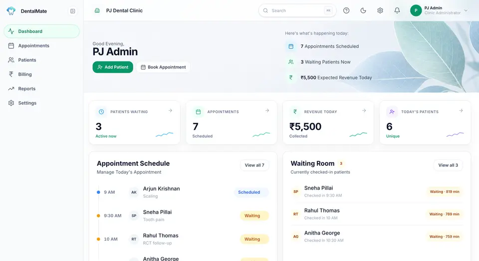 DentalMate clinic dashboard showing today's appointments, waiting room, and revenue stats