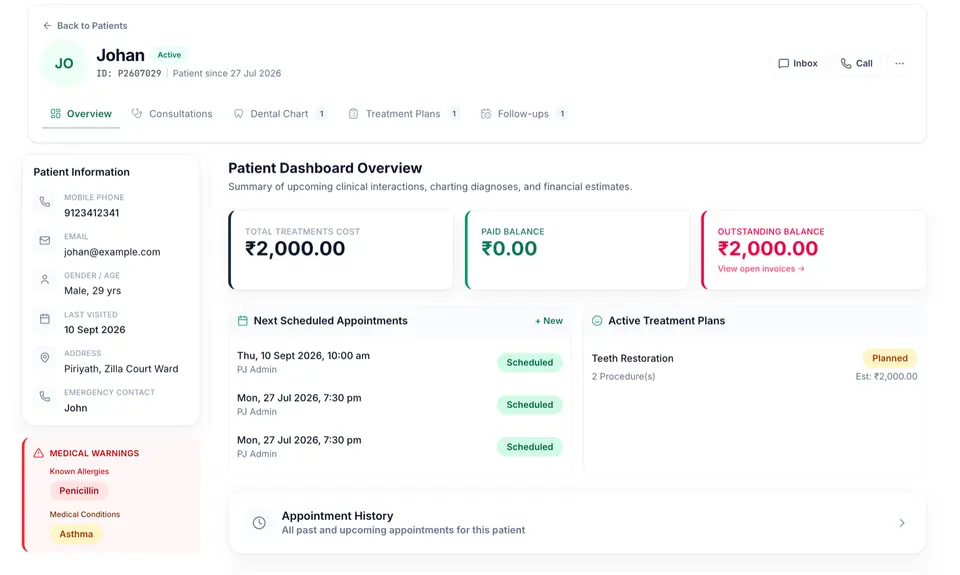 DentalMate patient overview with treatment plans and balances